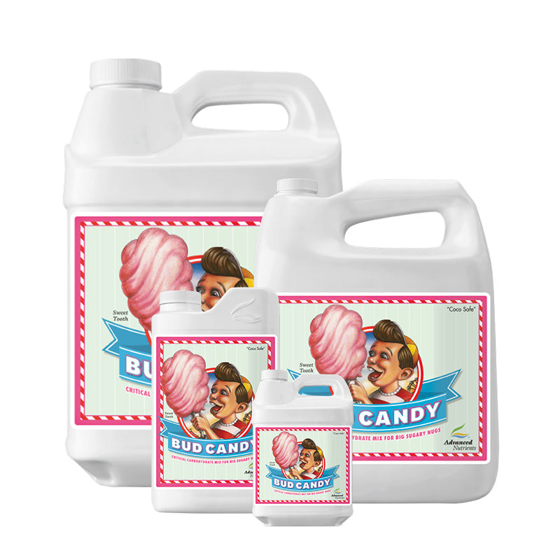 Four bottles of Bud Candy fertilizer in different sizes on a white background
